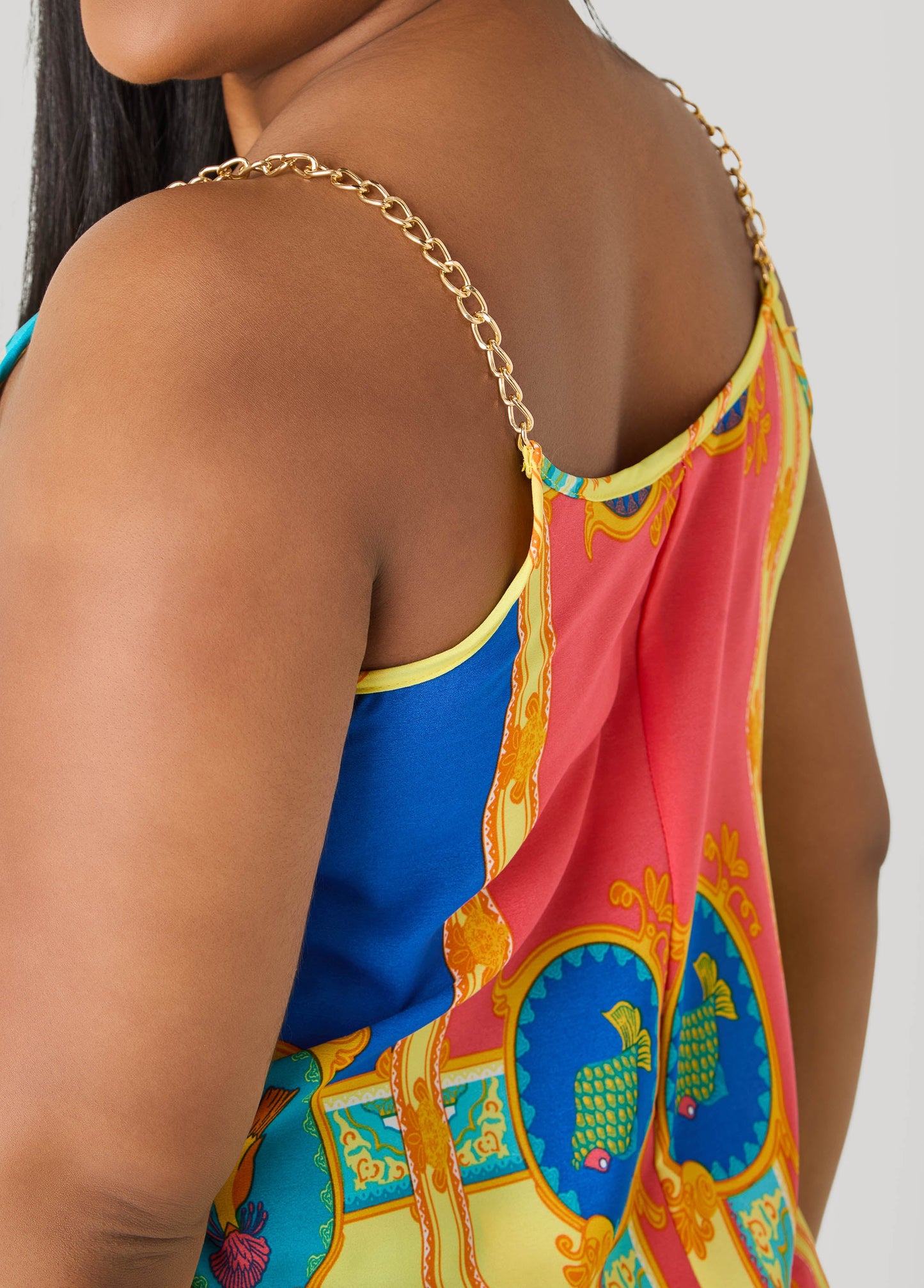 Ashley Stewart Chain Trimmed Scarf Print Top Multi