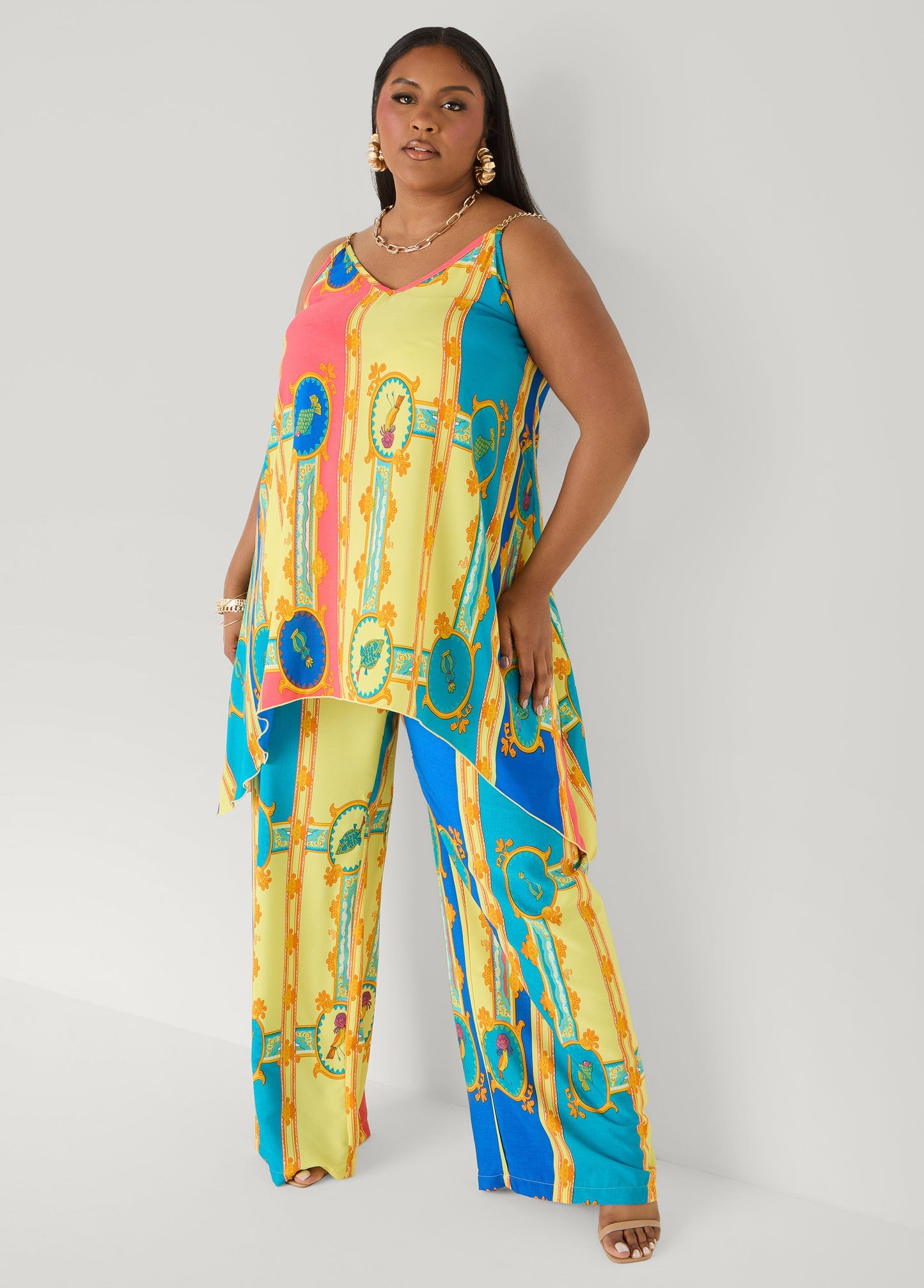 Ashley Stewart Chain Trimmed Scarf Print Top Multi