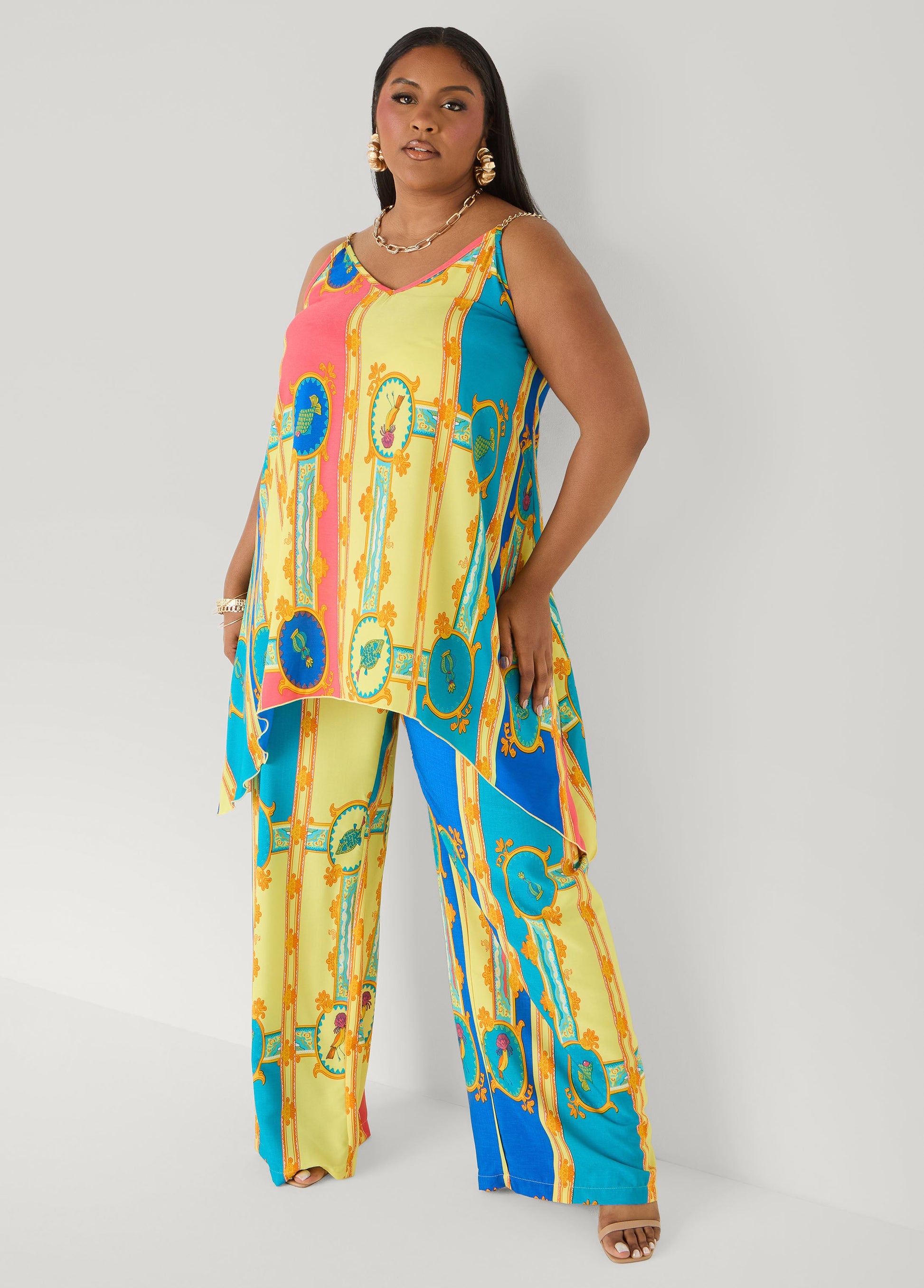 Ashley Stewart Chain Trimmed Scarf Print Top Multi