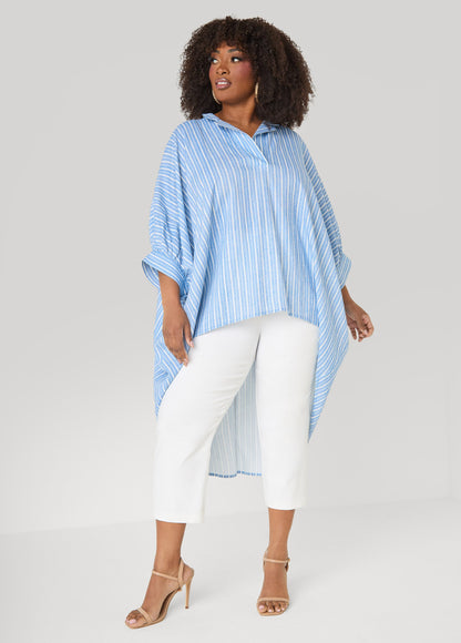 Ashley Stewart Striped Hi Low Linen Blend Top Blue