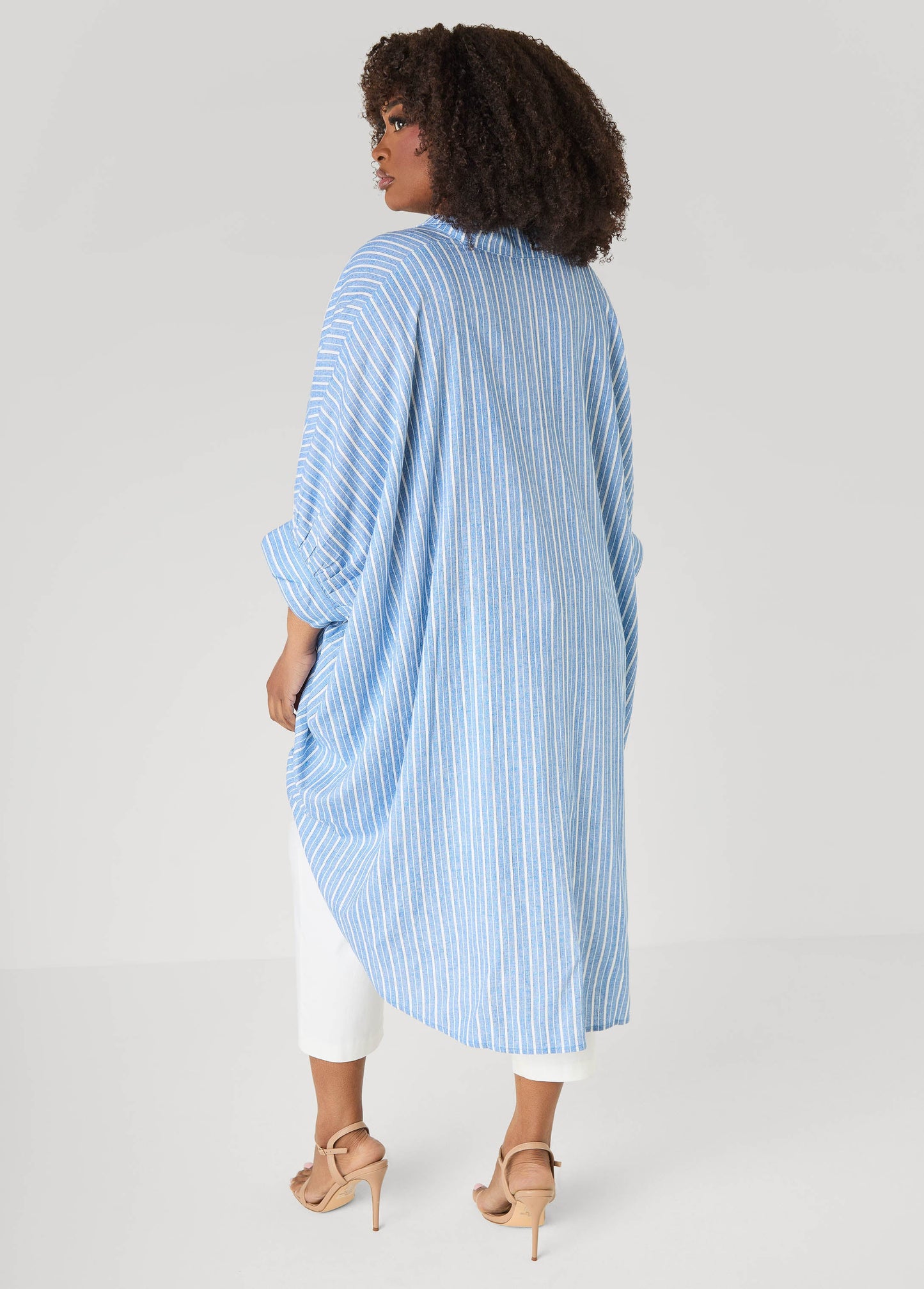 Ashley Stewart Striped Hi Low Linen Blend Top Blue