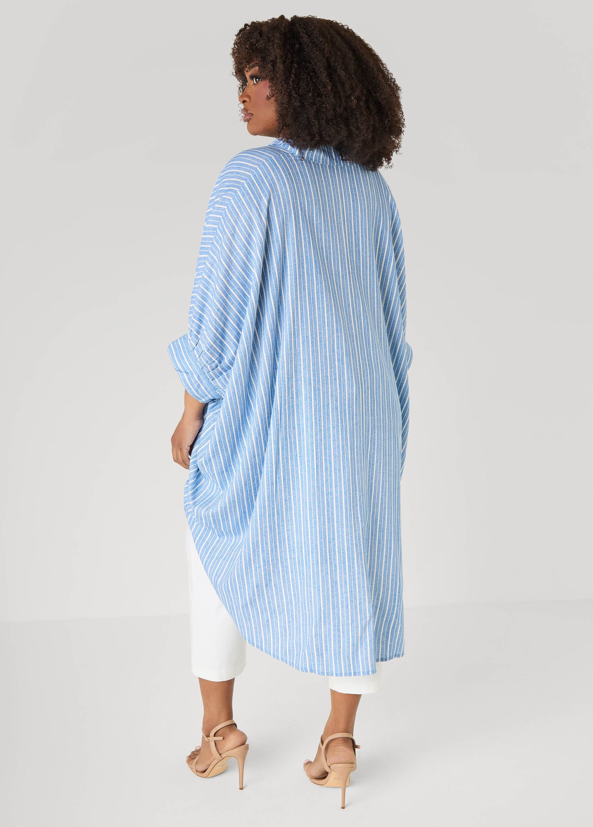 Ashley Stewart Striped Hi Low Linen Blend Top Blue