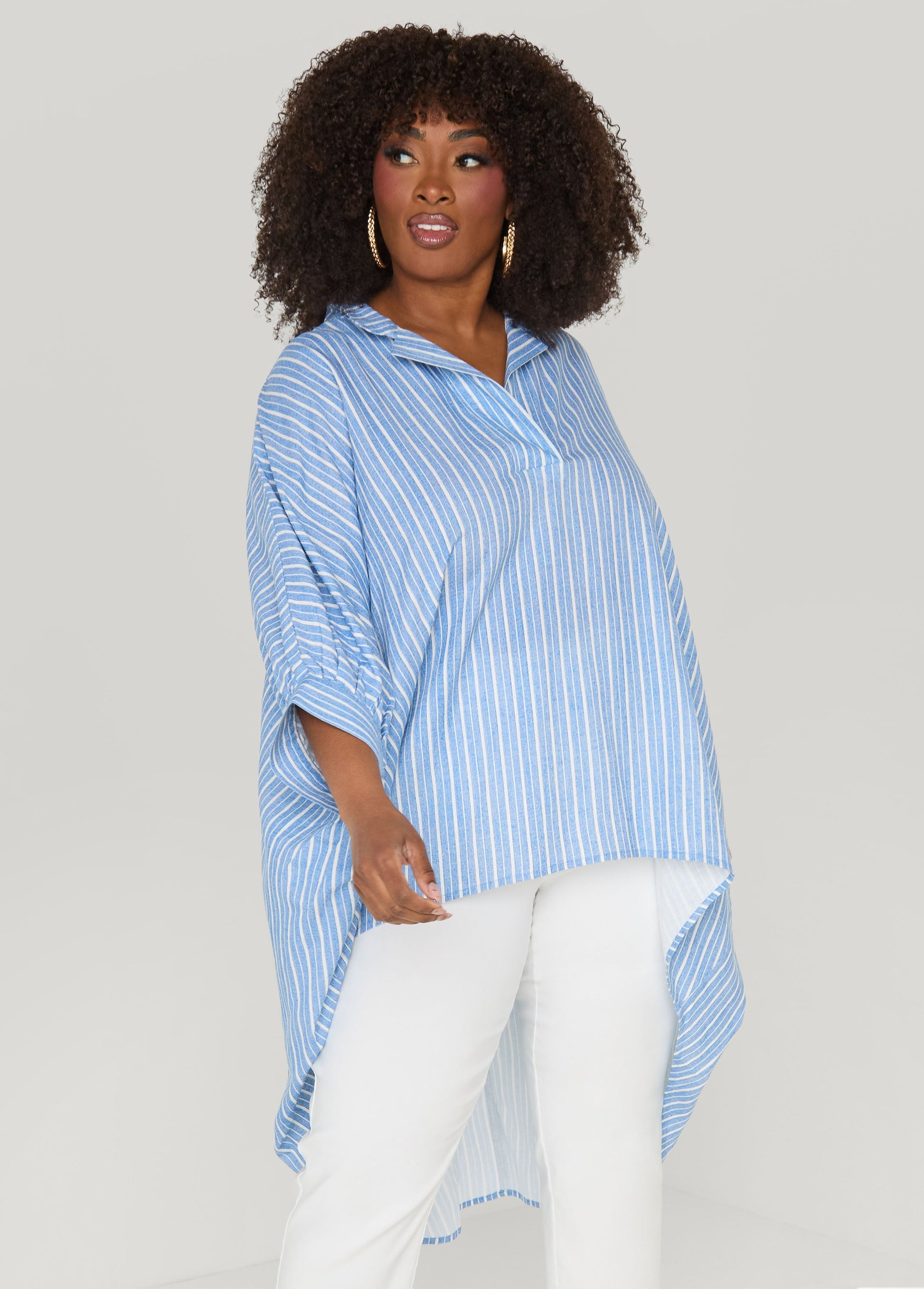 Ashley Stewart Striped Hi Low Linen Blend Top Blue