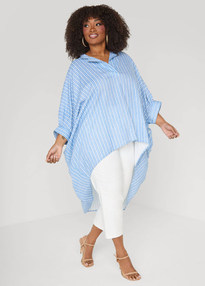 Ashley Stewart Striped Hi Low Linen Blend Top Blue