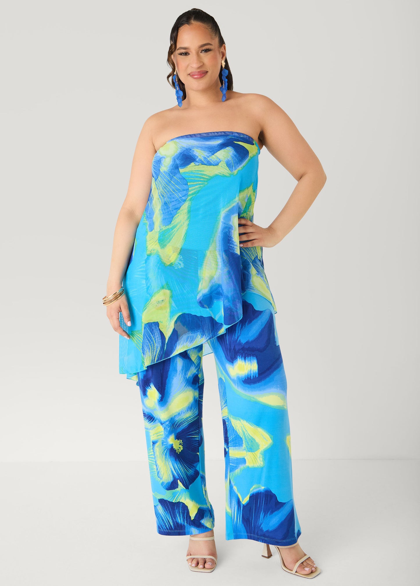 Ashley Stewart Tropical Asymmetric Mesh Tube Top Multi