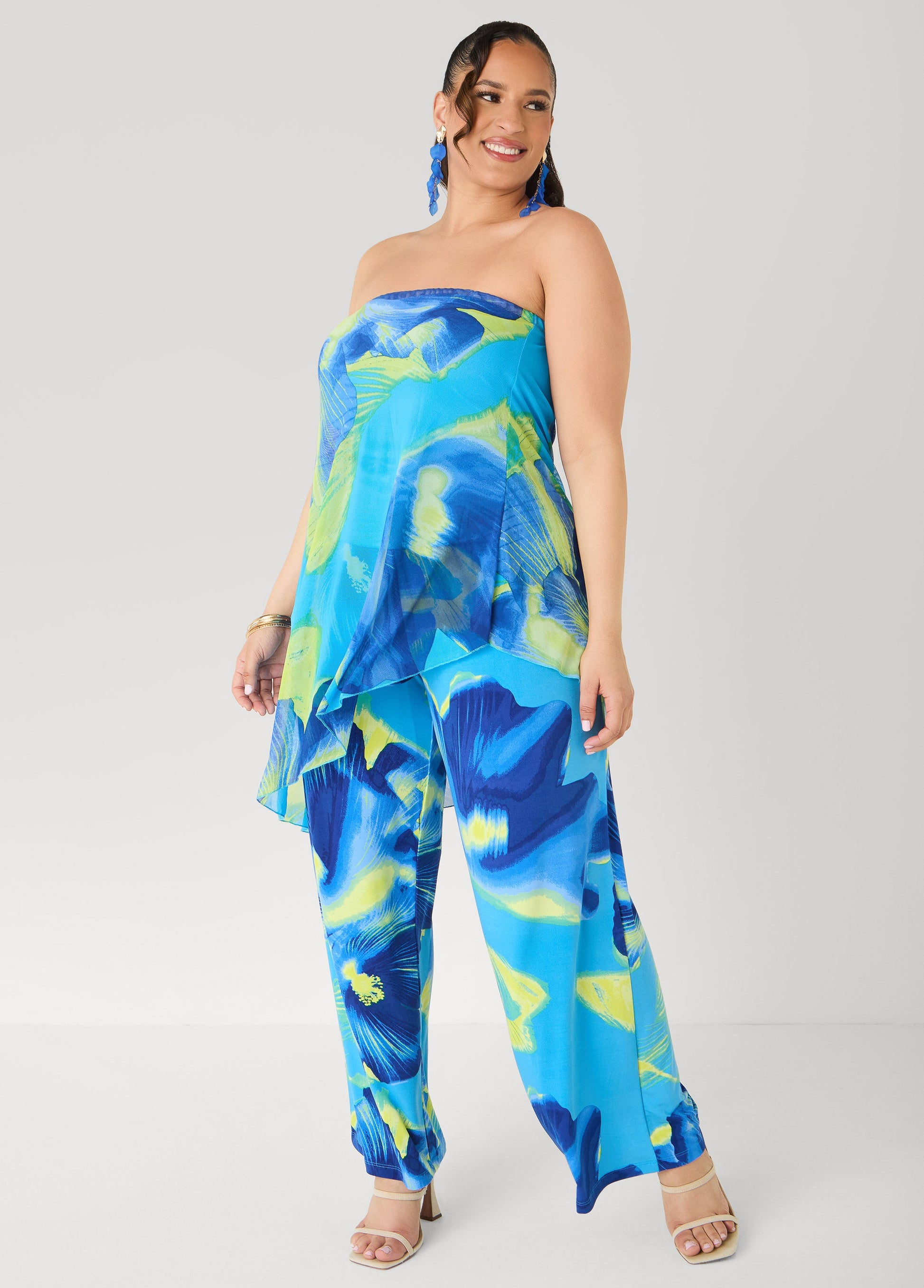 Ashley Stewart Tropical Asymmetric Mesh Tube Top Multi
