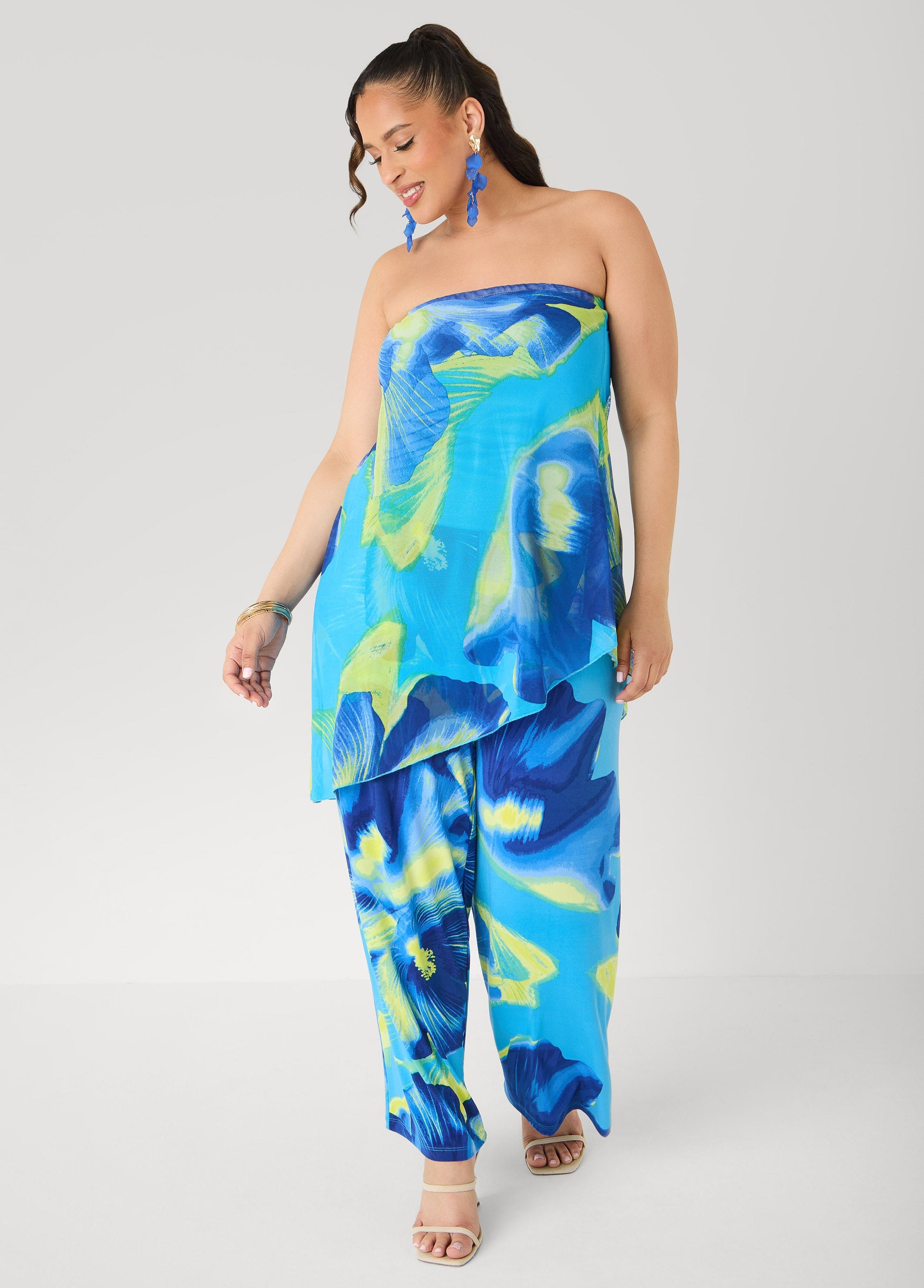 Ashley Stewart Tropical Asymmetric Mesh Tube Top Multi