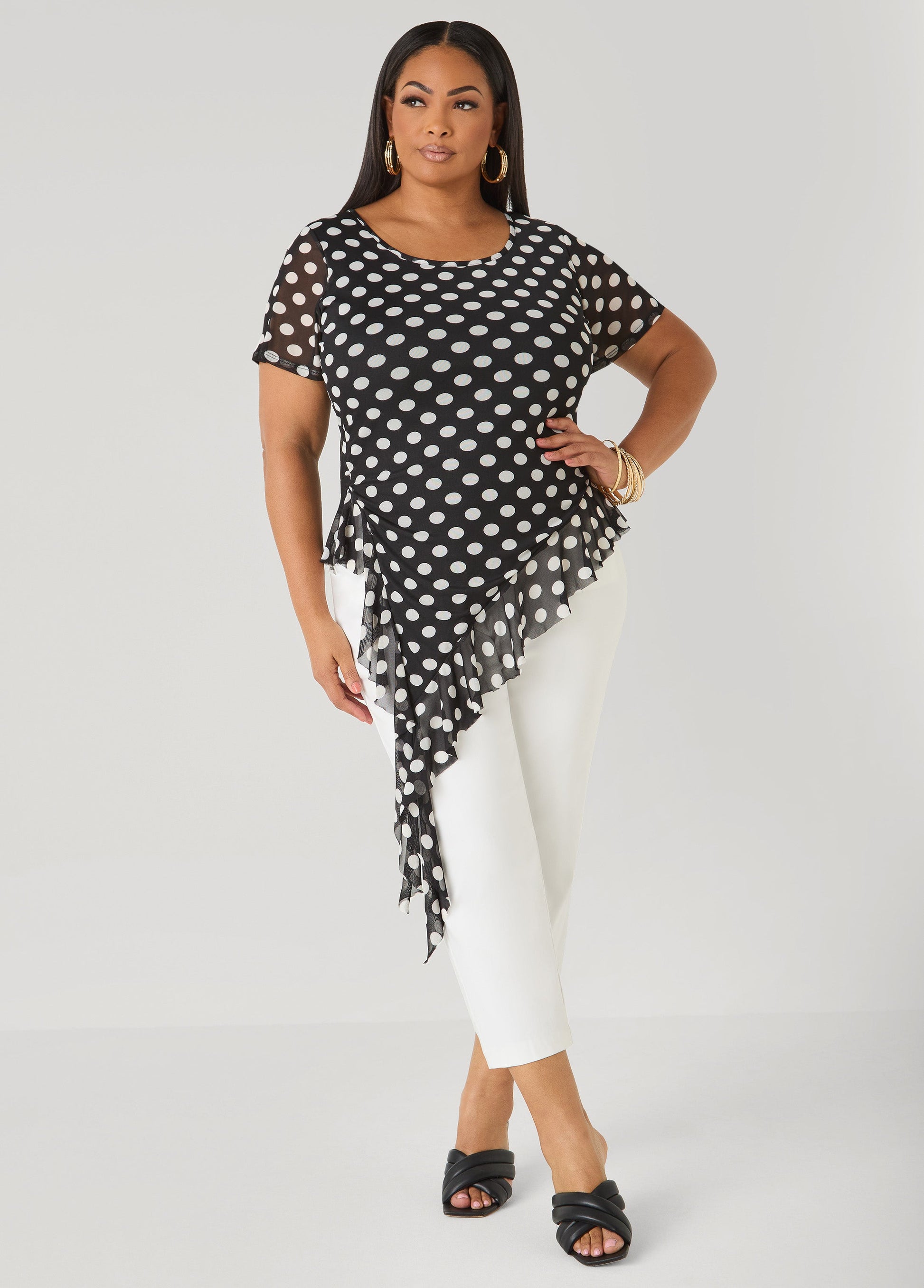 Ashley Stewart Ruffled Polka Dot Mesh Top Black White