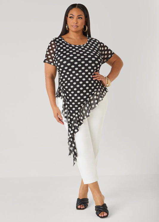 Ashley Stewart Ruffled Polka Dot Mesh Top Black White