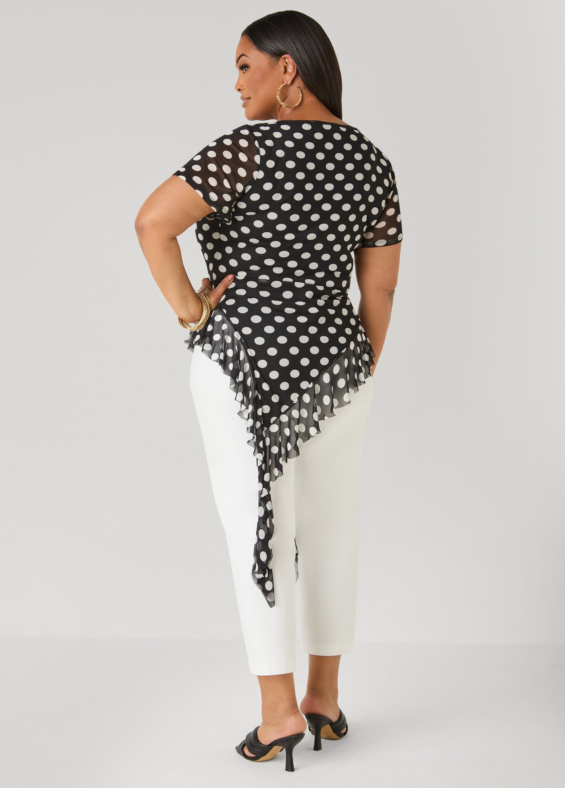 Ashley Stewart Ruffled Polka Dot Mesh Top Black White