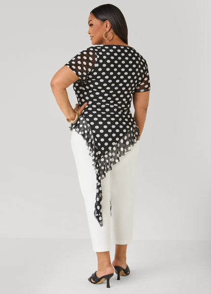 Ashley Stewart Ruffled Polka Dot Mesh Top Black White