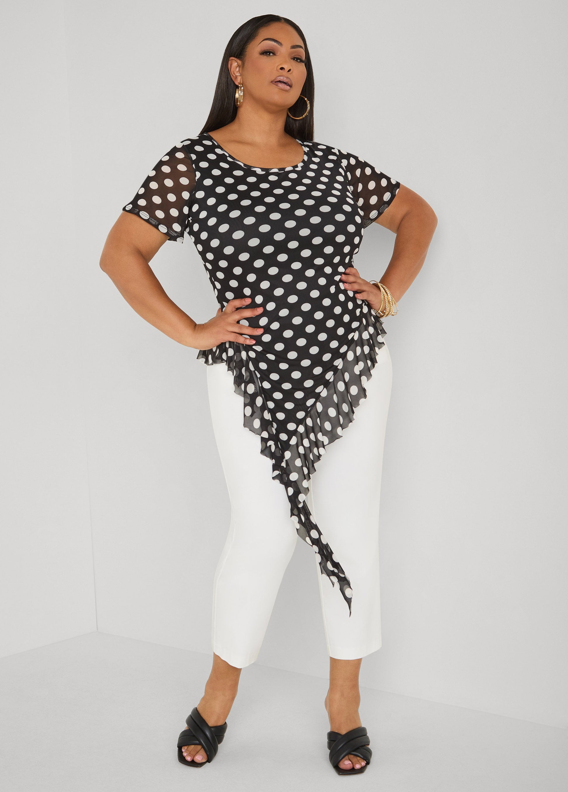 Ashley Stewart Ruffled Polka Dot Mesh Top Black White