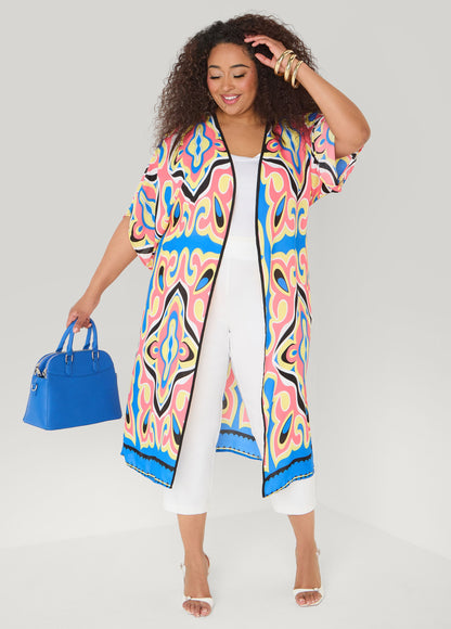 Ashley Stewart Abstract Print Open Front Kimono Calypso Coral