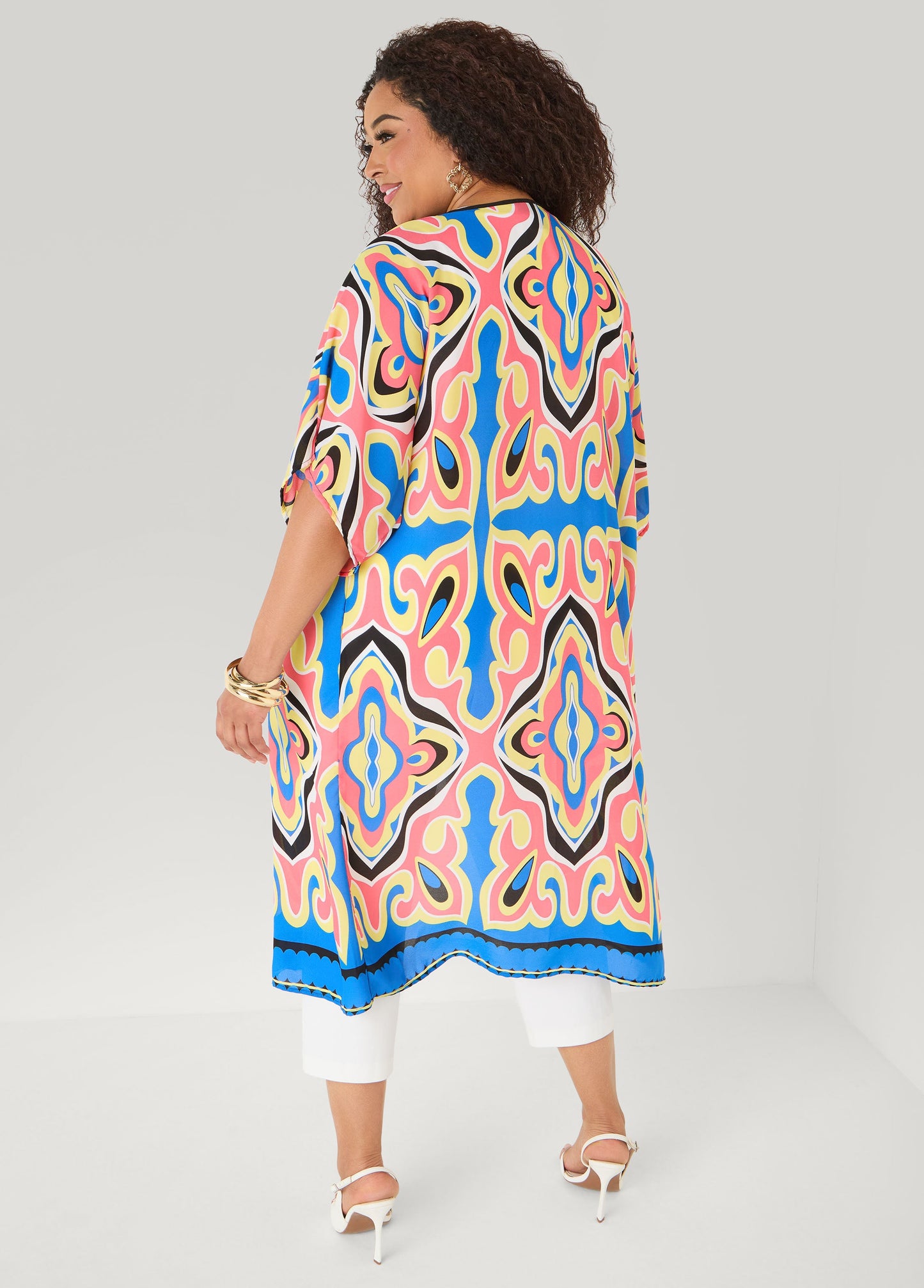 Ashley Stewart Abstract Print Open Front Kimono Calypso Coral