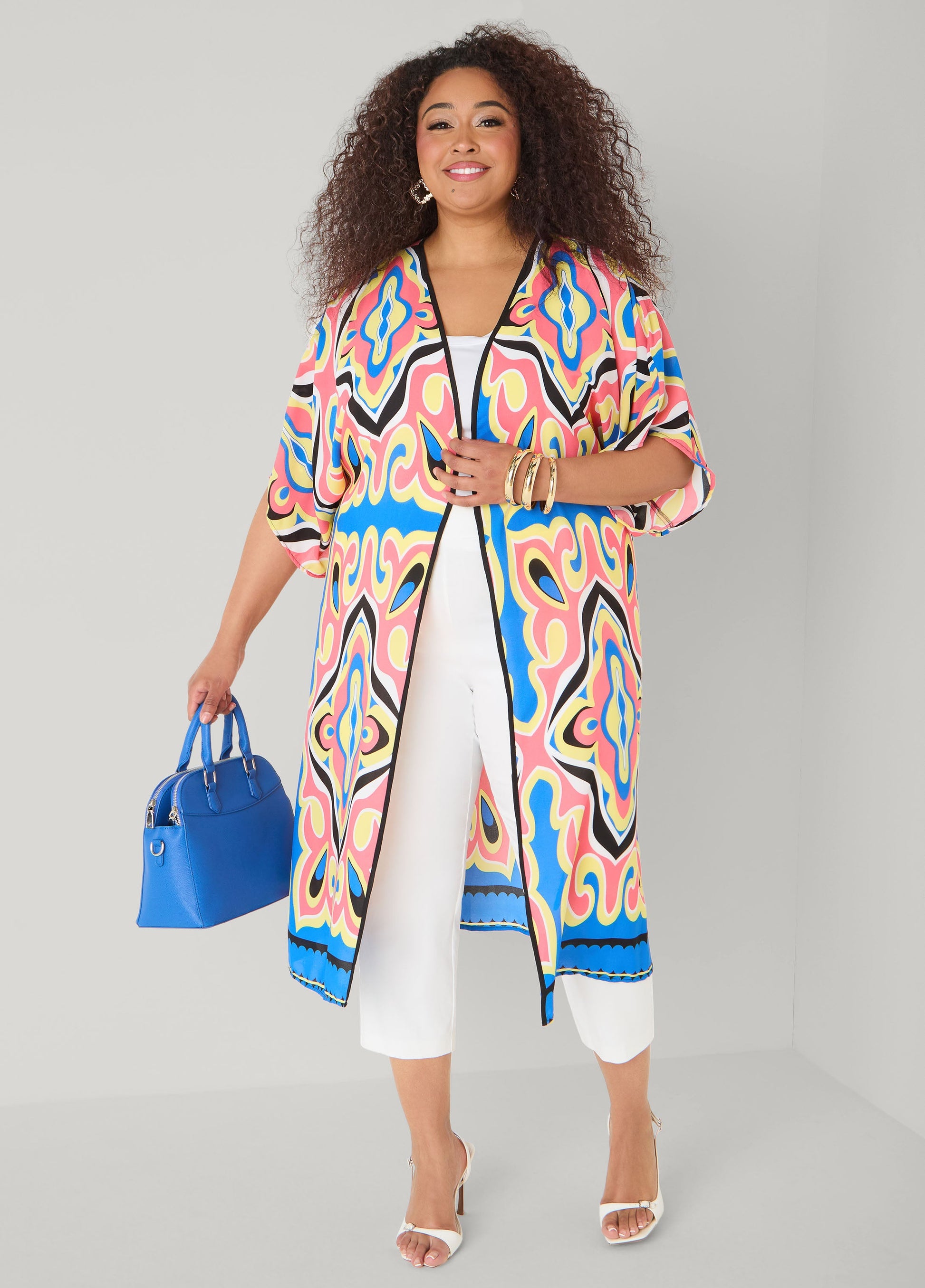 Ashley Stewart Abstract Print Open Front Kimono Calypso Coral