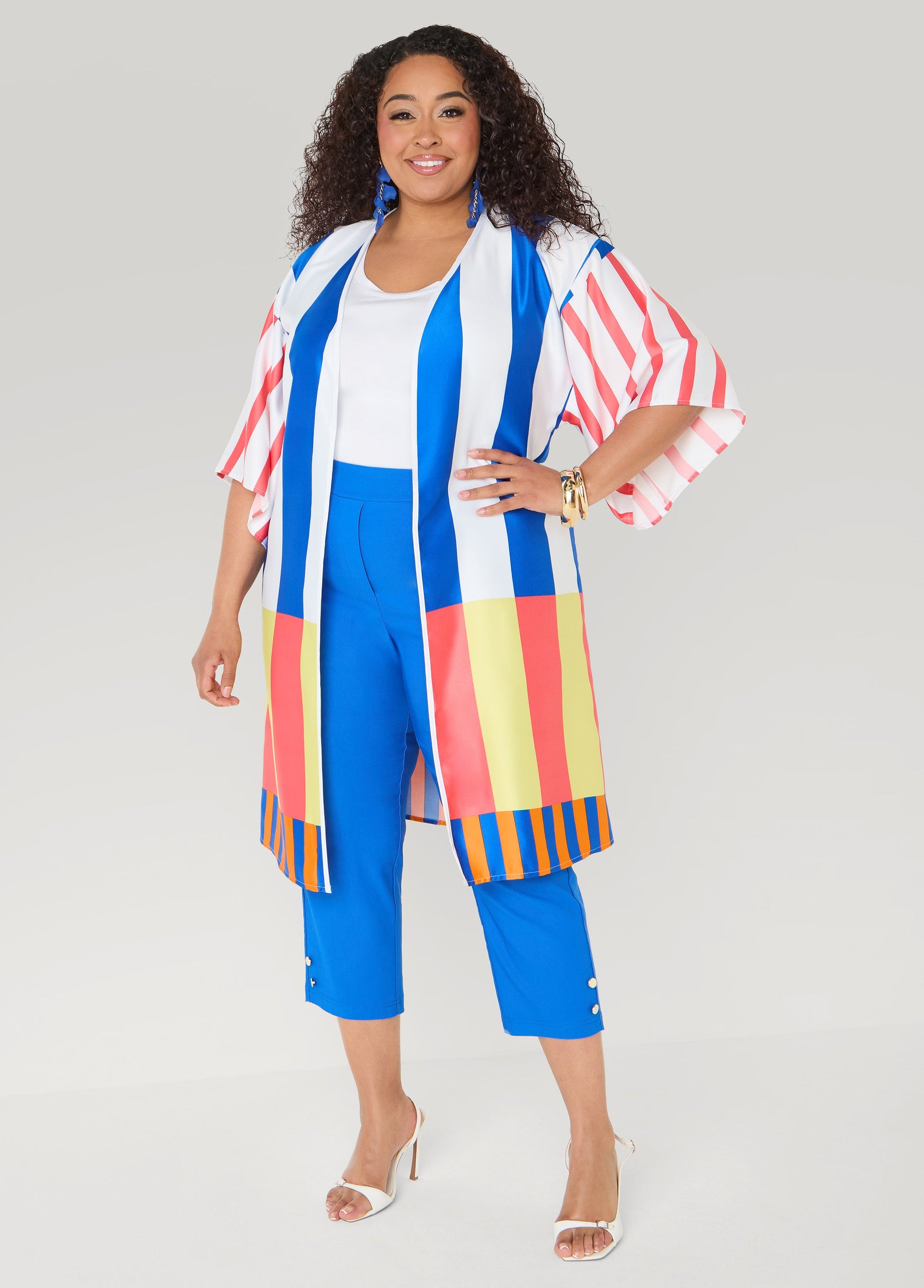Ashley Stewart Striped Satin Kimono Victoria Blue