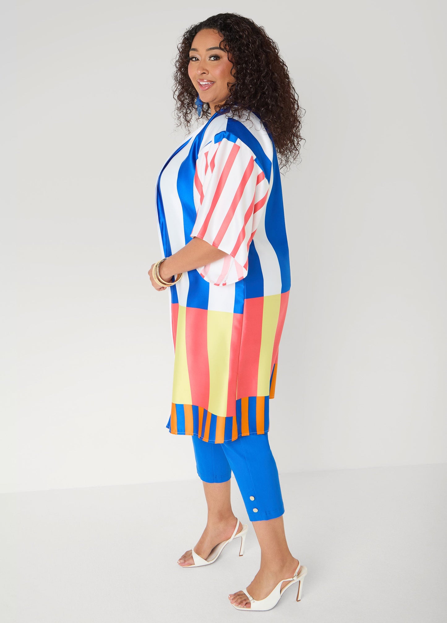 Ashley Stewart Striped Satin Kimono Victoria Blue