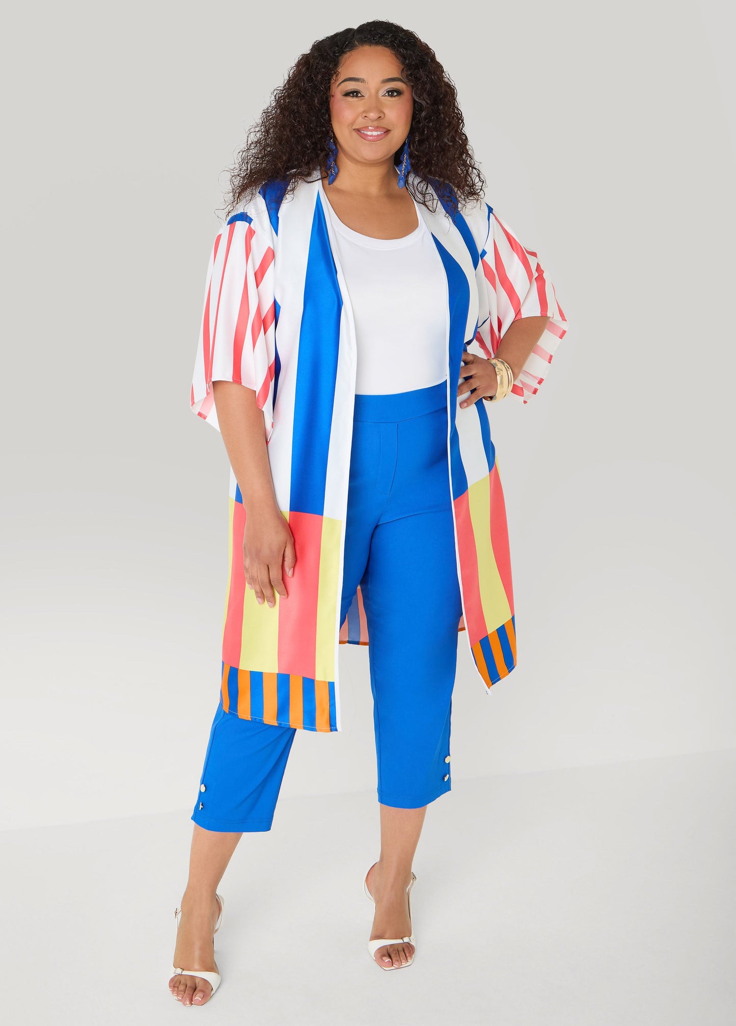 Ashley Stewart Striped Satin Kimono Victoria Blue