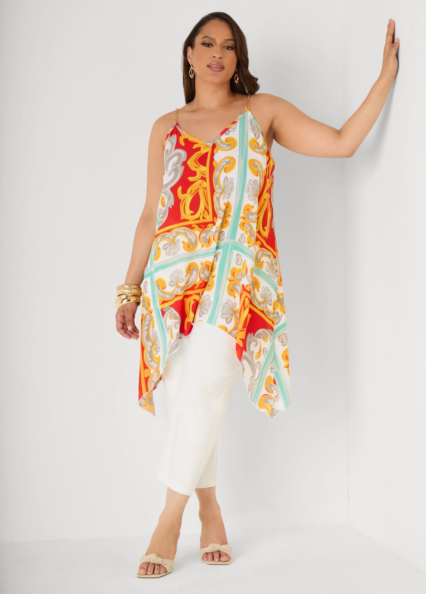Ashley Stewart Printed Chain Trimmed Top Poinsettia