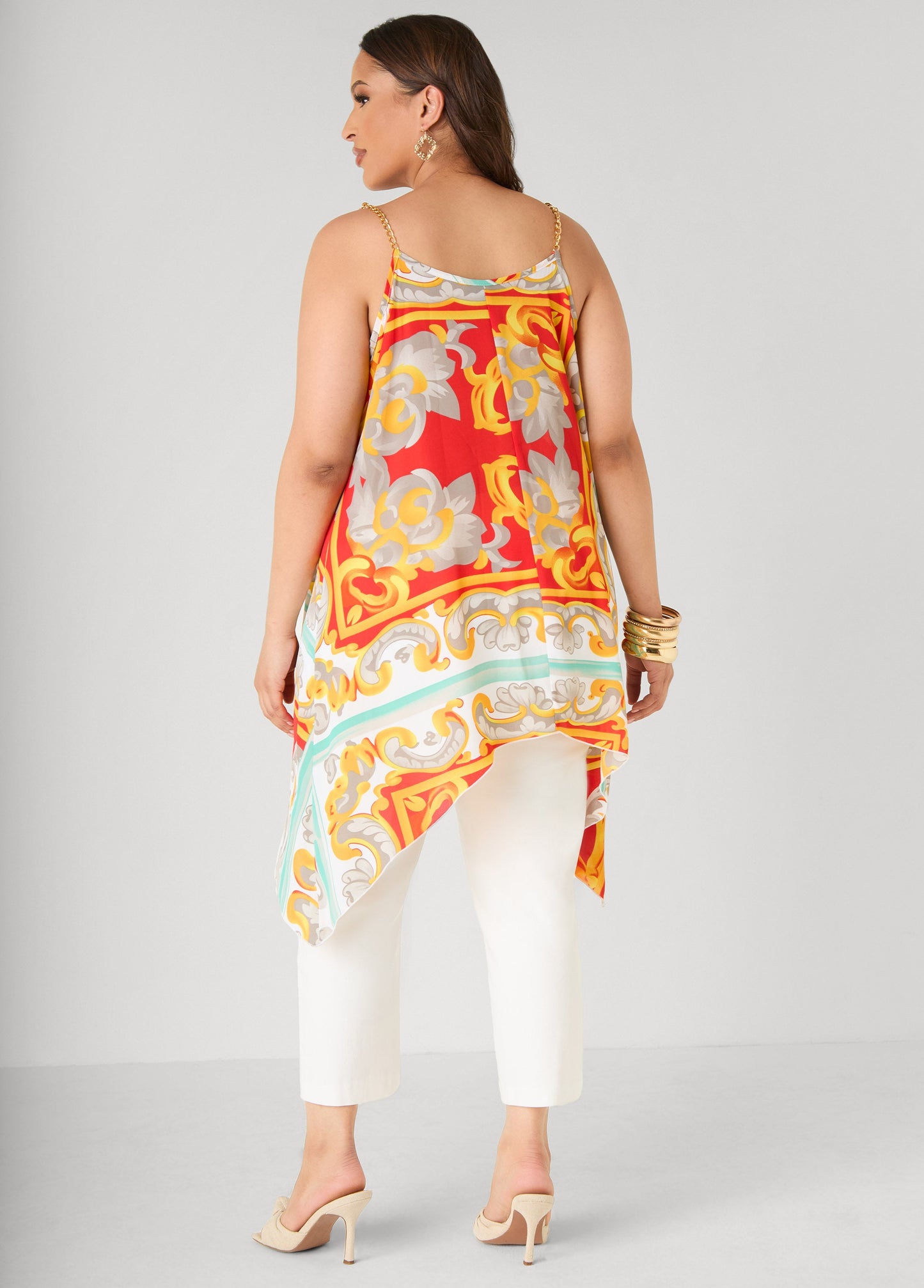 Ashley Stewart Printed Chain Trimmed Top Poinsettia