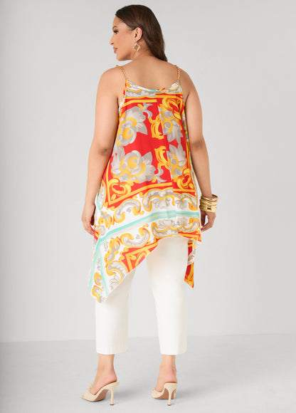 Ashley Stewart Printed Chain Trimmed Top Poinsettia
