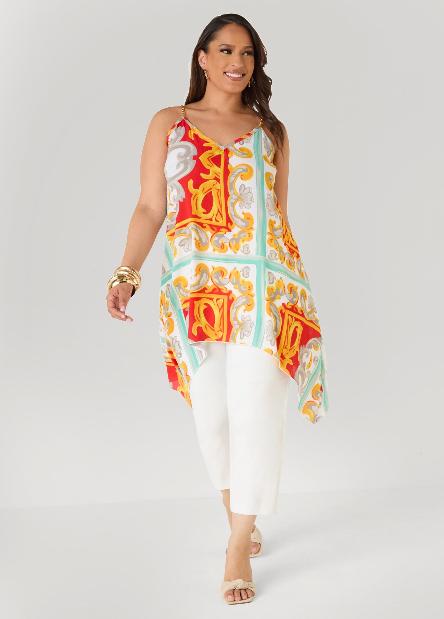 Ashley Stewart Printed Chain Trimmed Top Poinsettia
