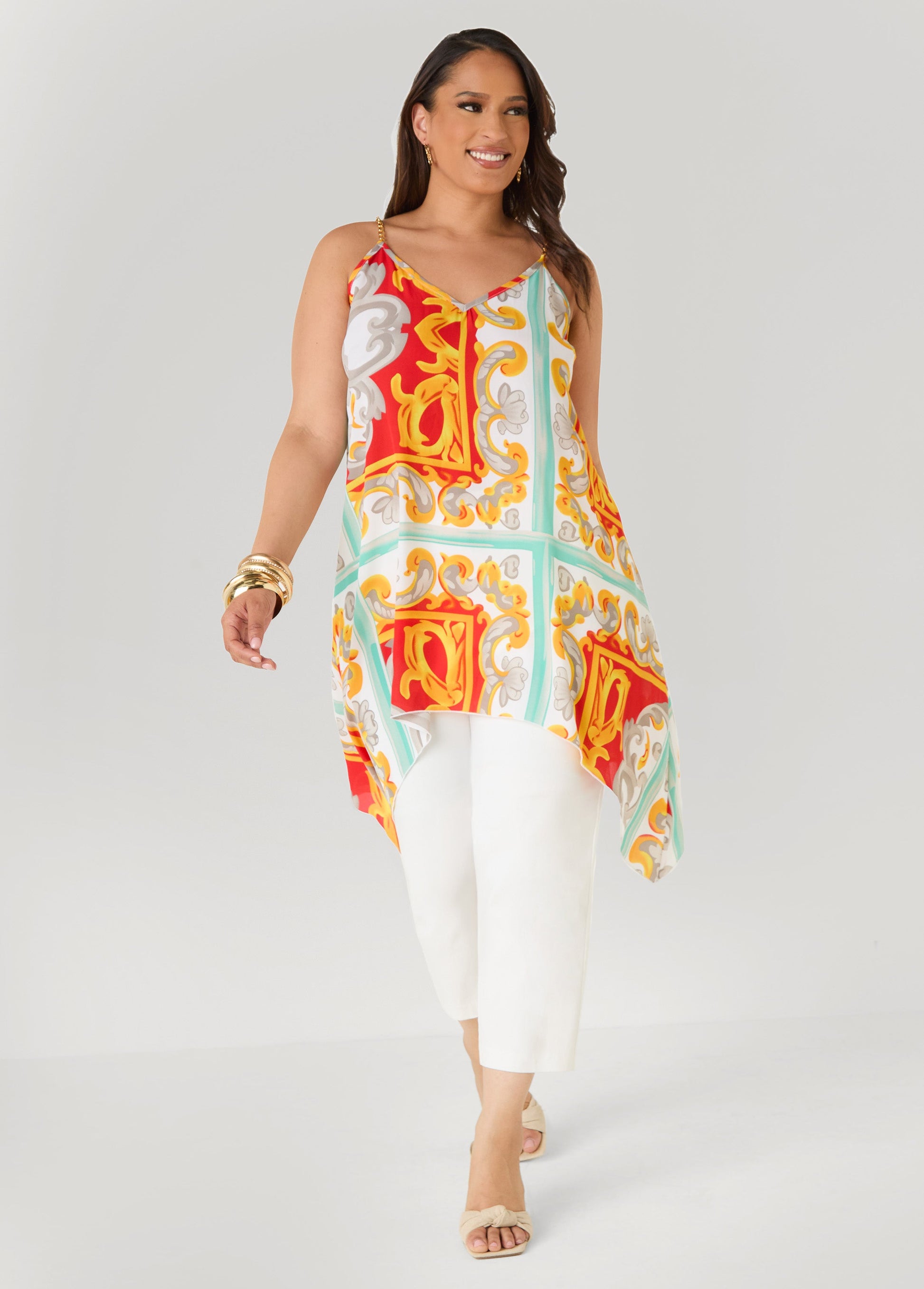 Ashley Stewart Printed Chain Trimmed Top Poinsettia