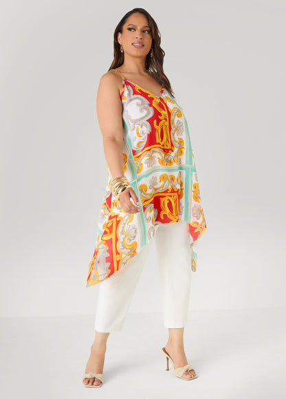 Ashley Stewart Printed Chain Trimmed Top Poinsettia