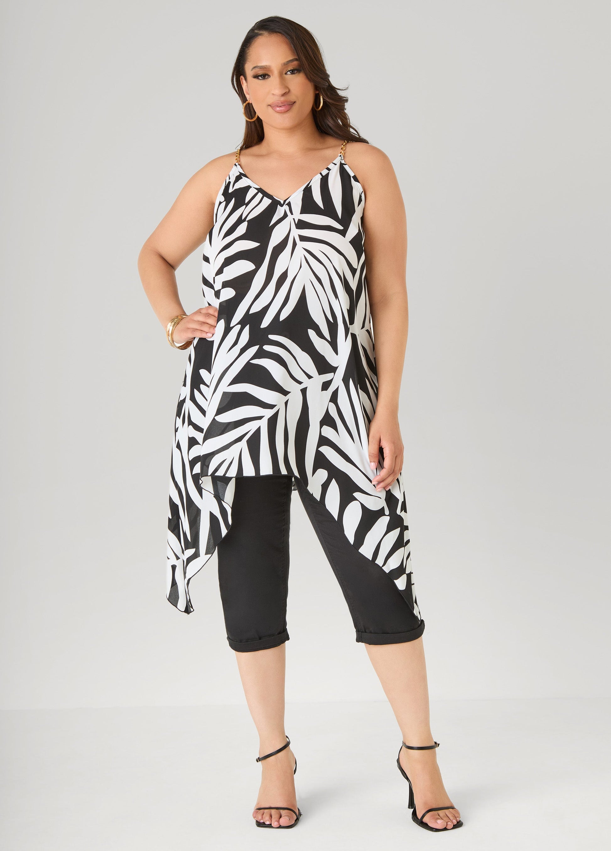 Ashley Stewart Chain Trimmed Leaf Print Top Black White