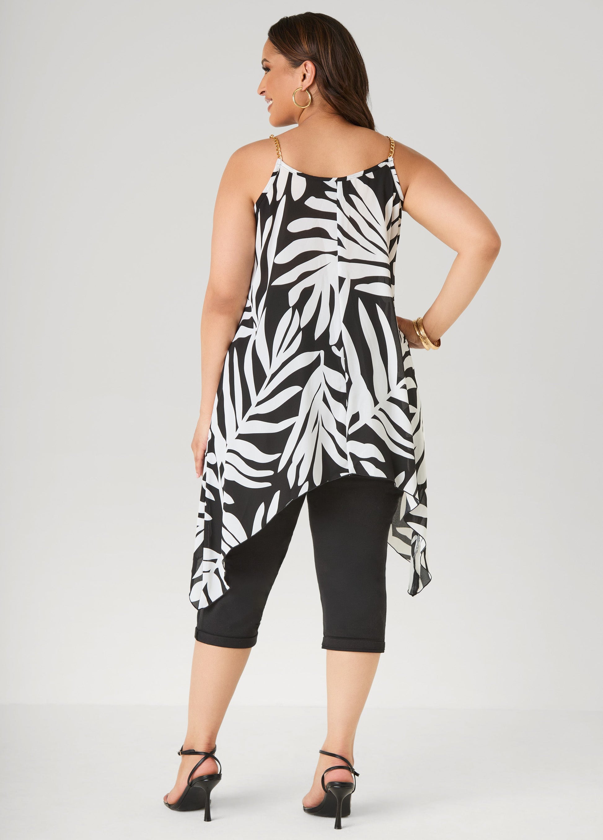 Ashley Stewart Chain Trimmed Leaf Print Top Black White