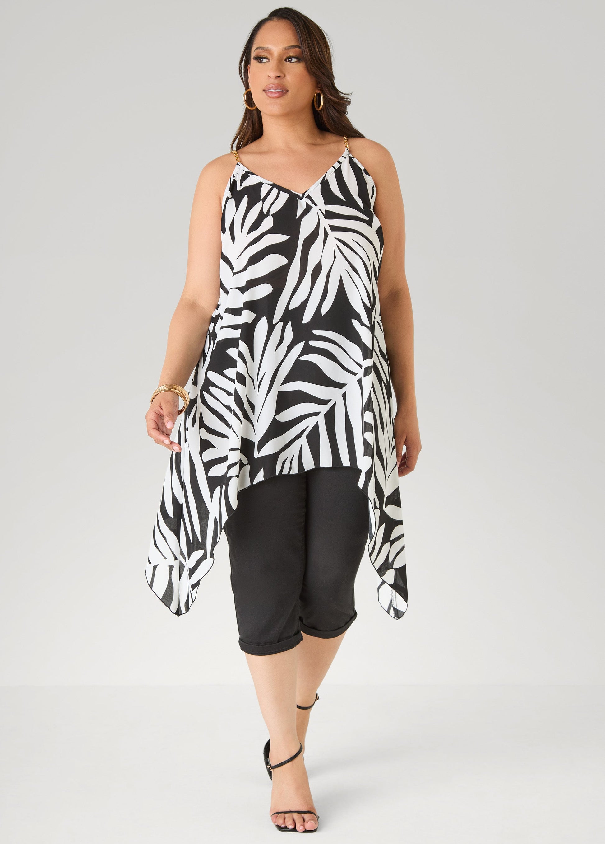 Ashley Stewart Chain Trimmed Leaf Print Top Black White