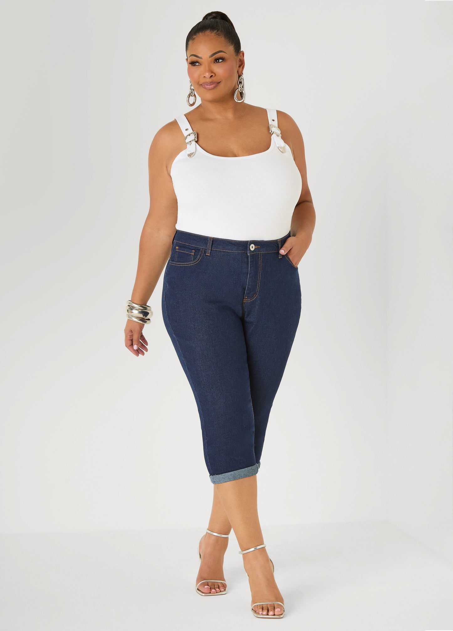 Ashley Stewart Cuffed Stretch Denim Capris White