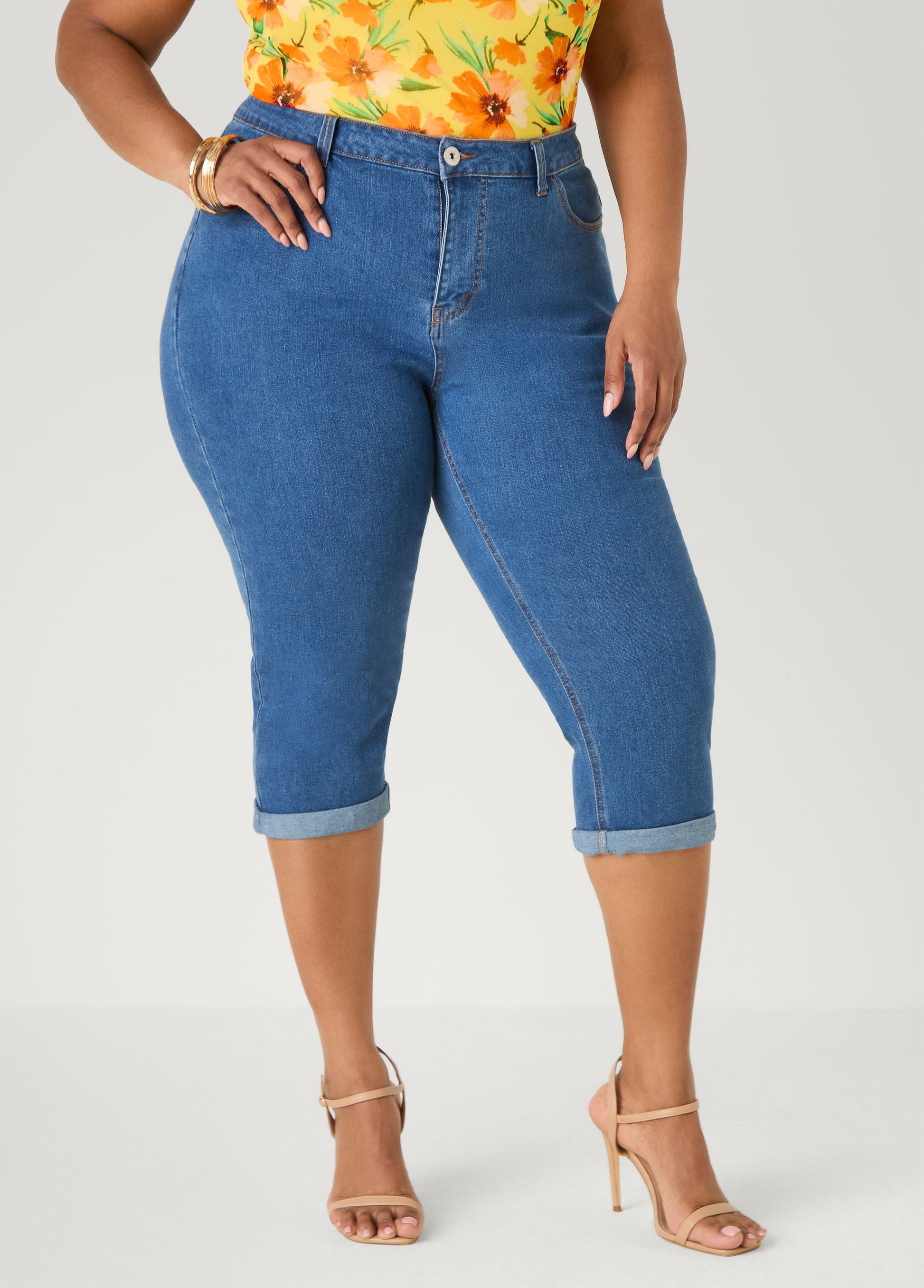 Ashley Stewart Cuffed Stretch Denim Capris White