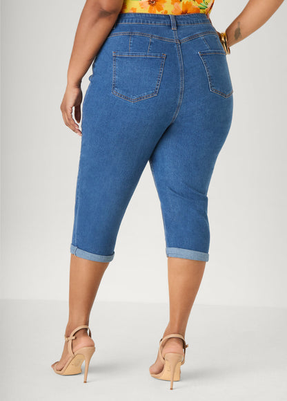 Ashley Stewart Cuffed Stretch Denim Capris White