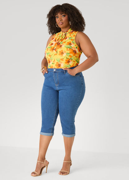 Ashley Stewart Cuffed Stretch Denim Capris White