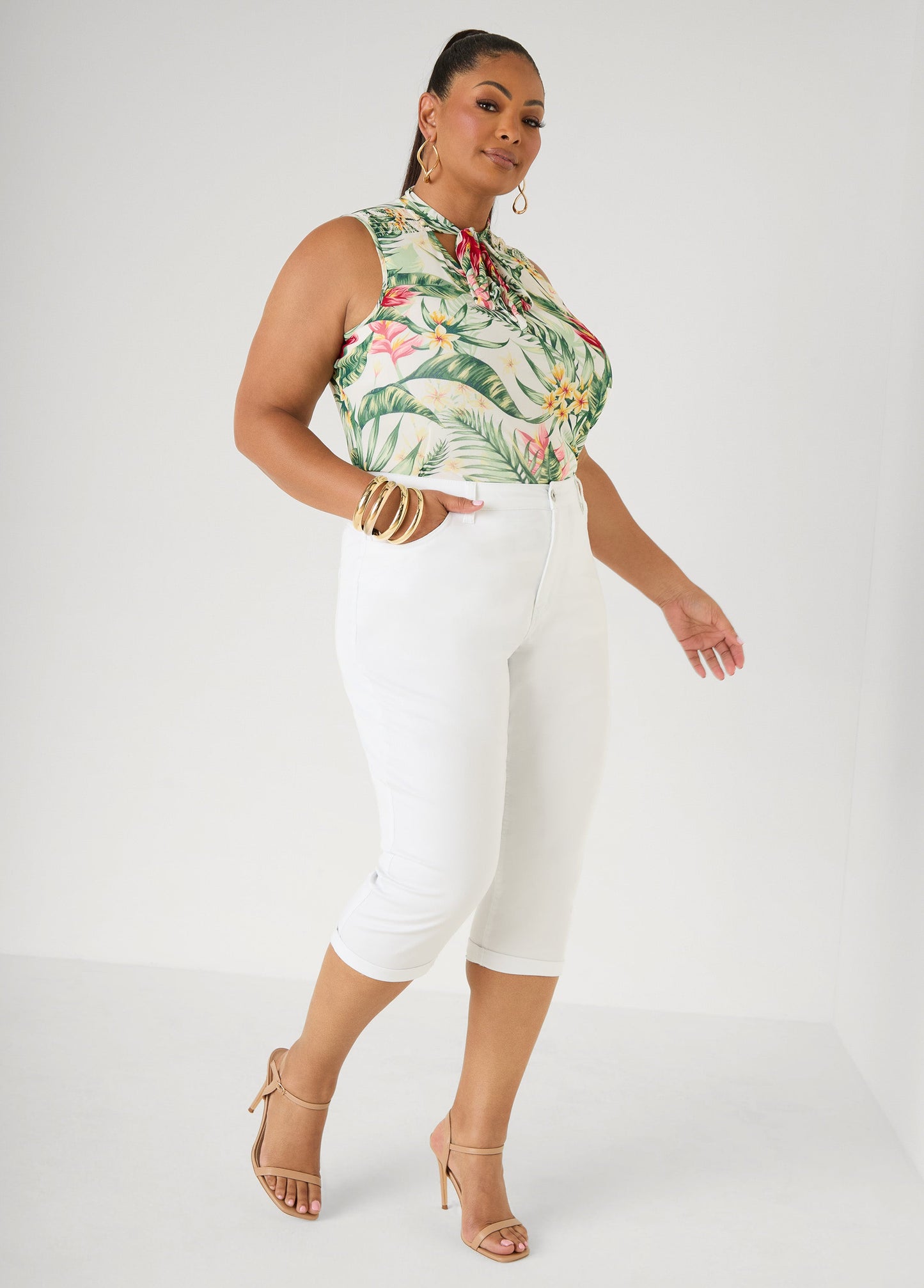 Ashley Stewart Cuffed Stretch Denim Capris White