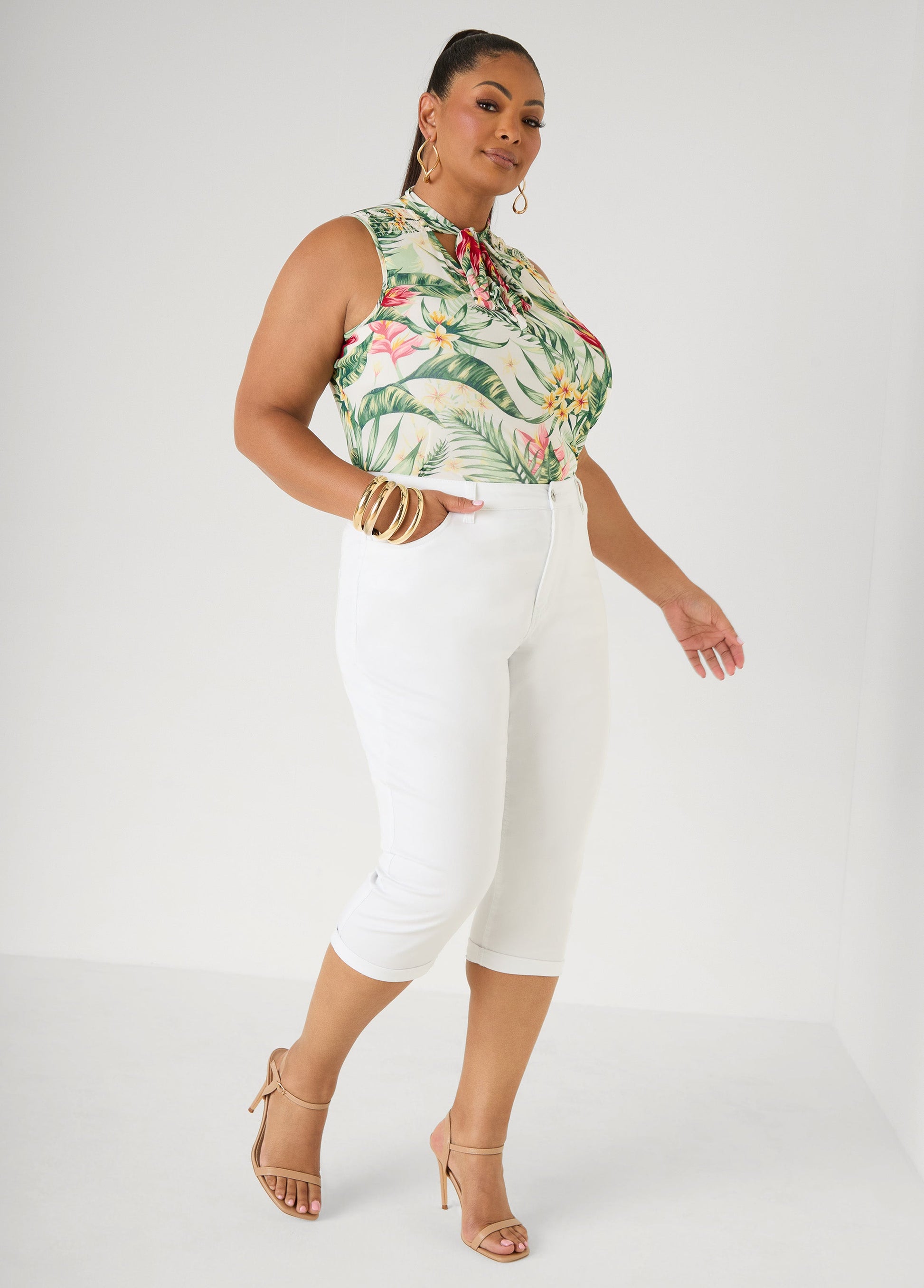 Ashley Stewart Cuffed Stretch Denim Capris White