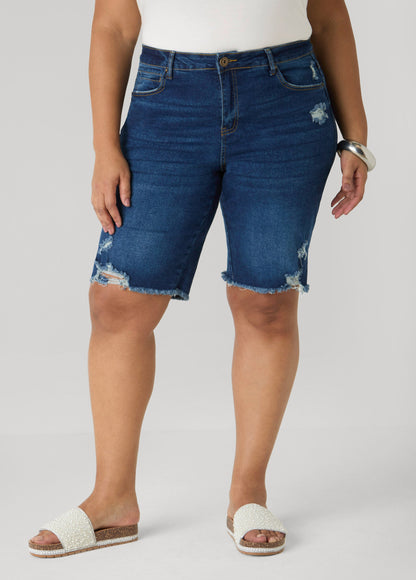 Ashley Stewart Distressed Denim Shorts Dk Wash