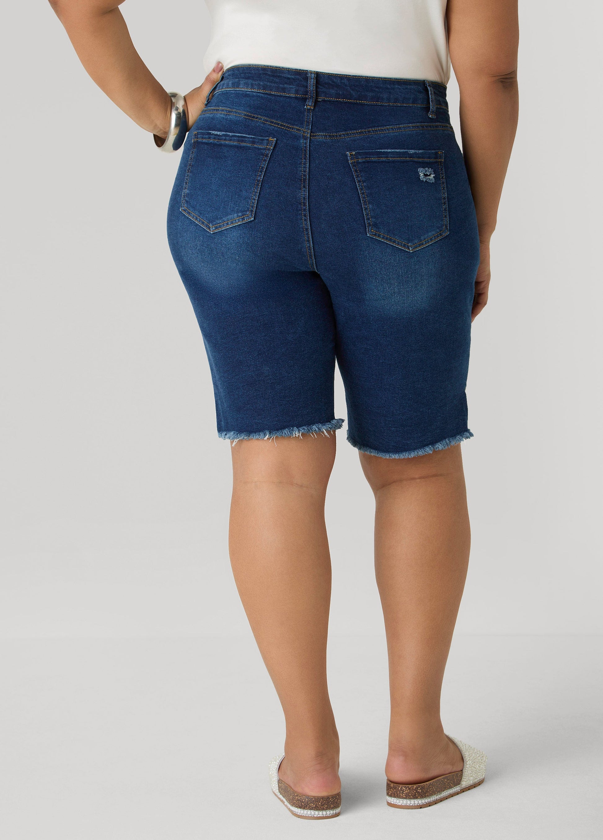 Ashley Stewart Distressed Denim Shorts Dk Wash