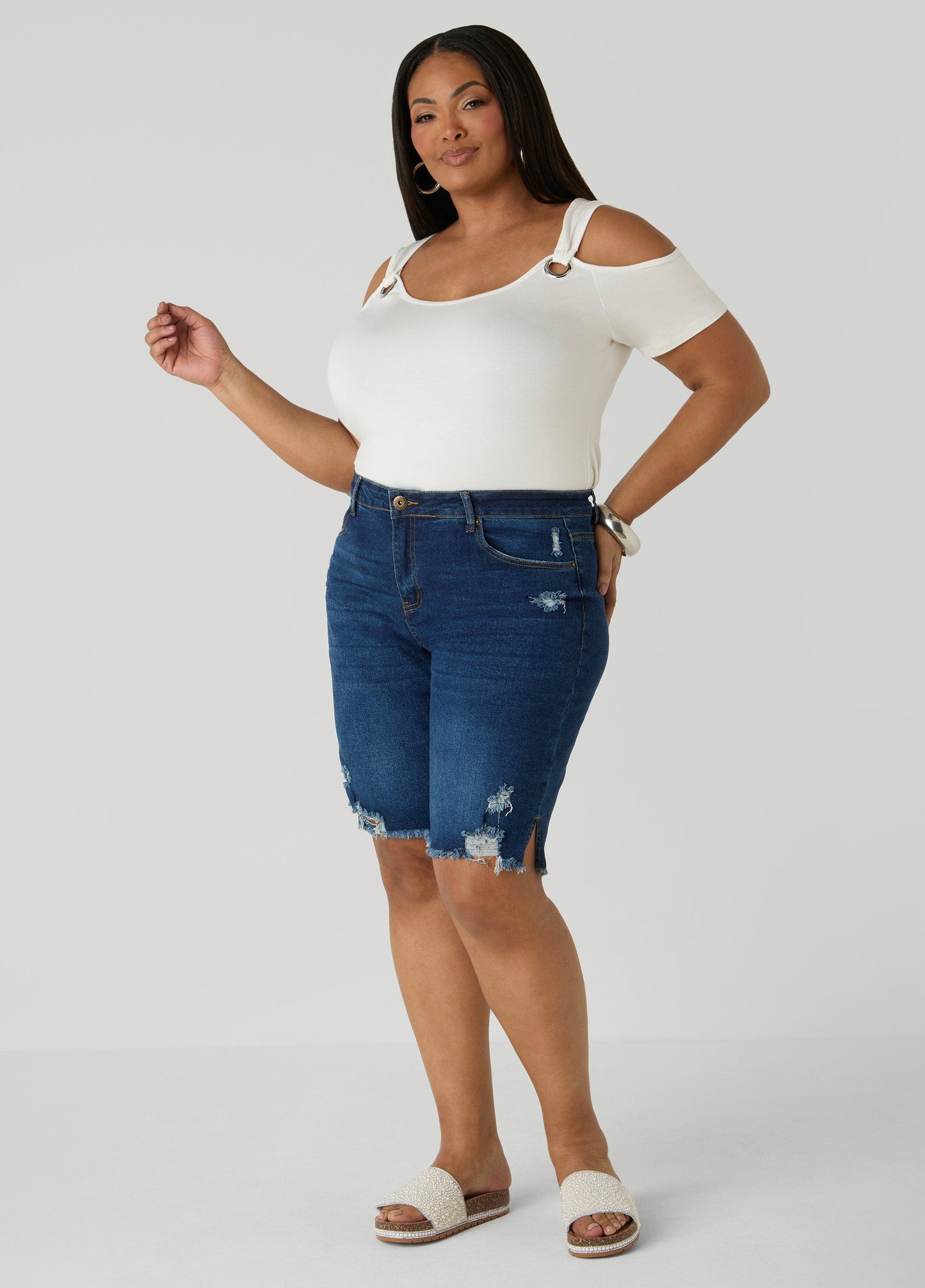 Ashley Stewart Distressed Denim Shorts Dk Wash