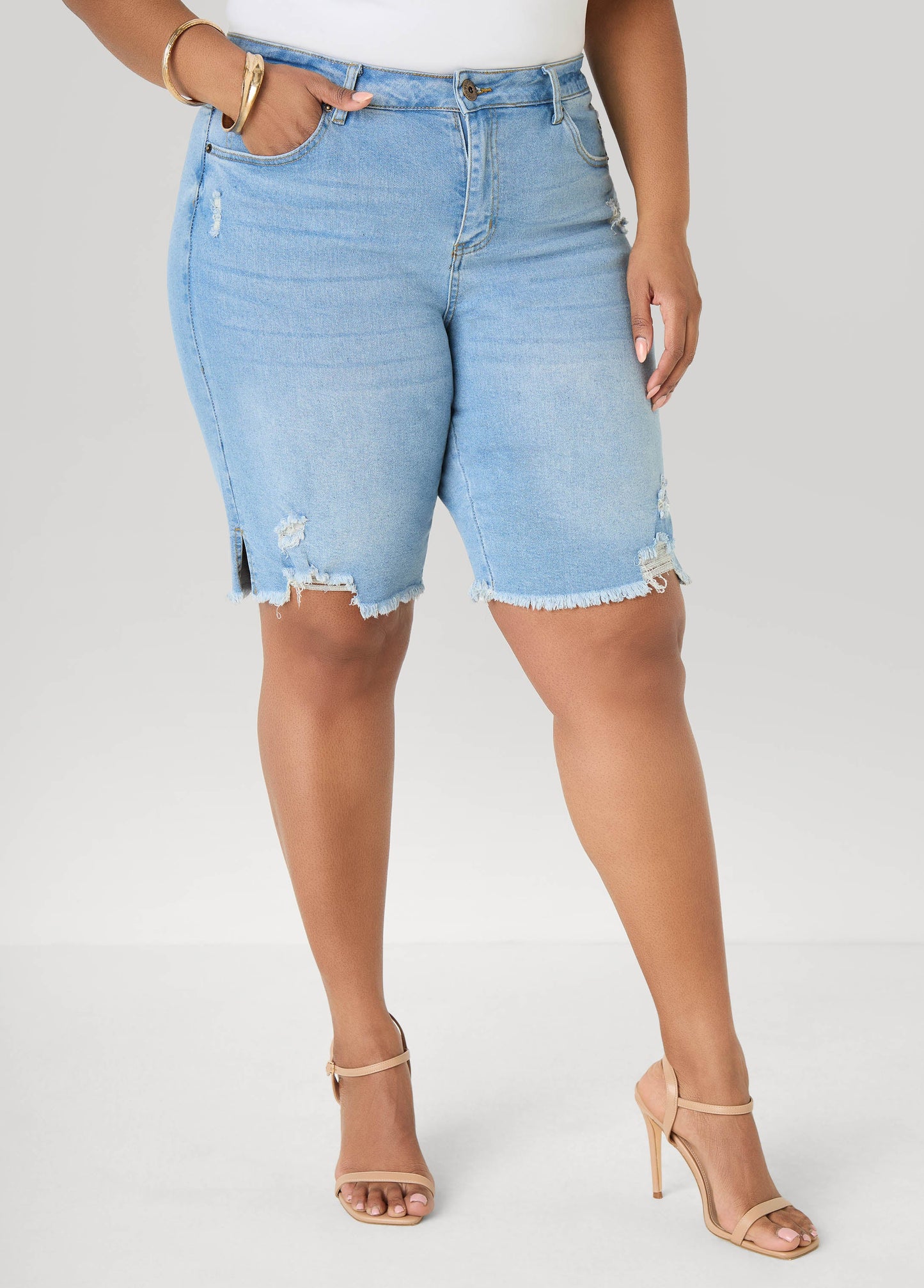 Ashley Stewart Distressed Denim Shorts Dk Wash