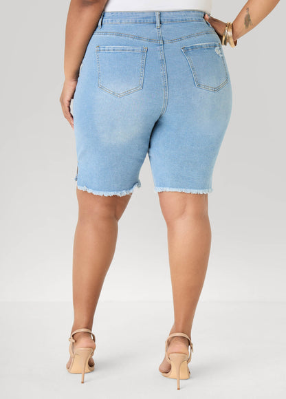 Ashley Stewart Distressed Denim Shorts Dk Wash