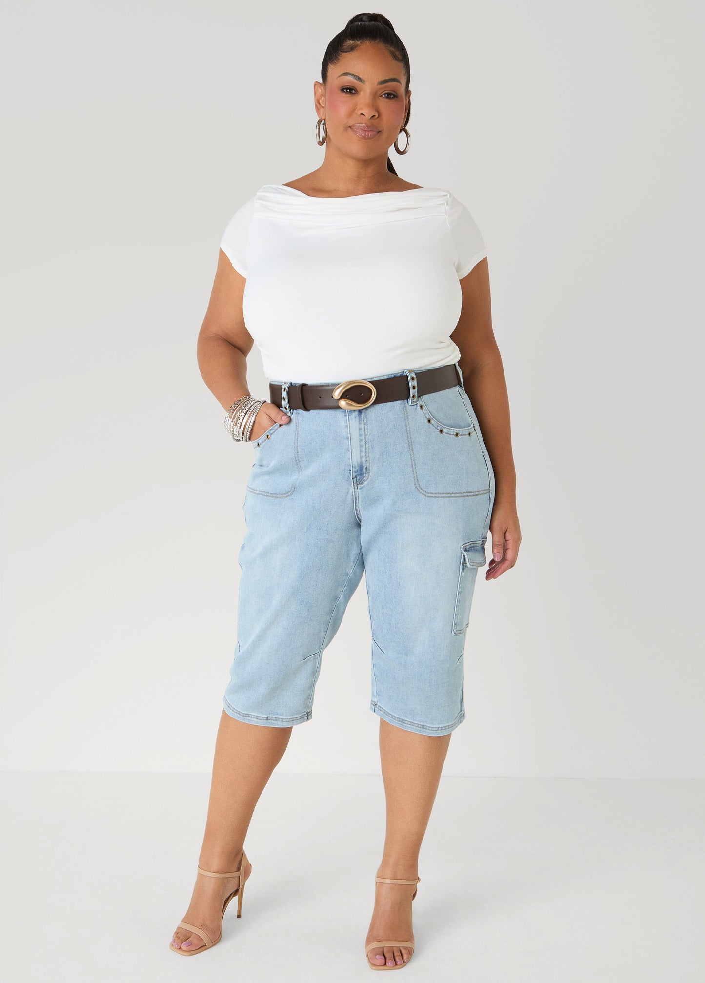 Ashley Stewart Grommet Denim Capris Denim Blue