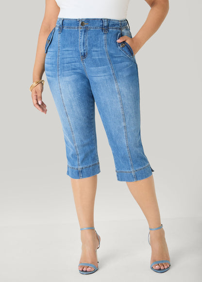 Ashley Stewart Flap Pocket Seamed Denim Capris Medium Blue