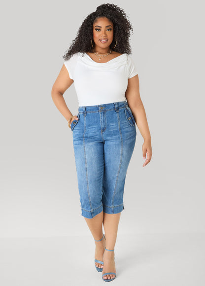 Ashley Stewart Flap Pocket Seamed Denim Capris Medium Blue