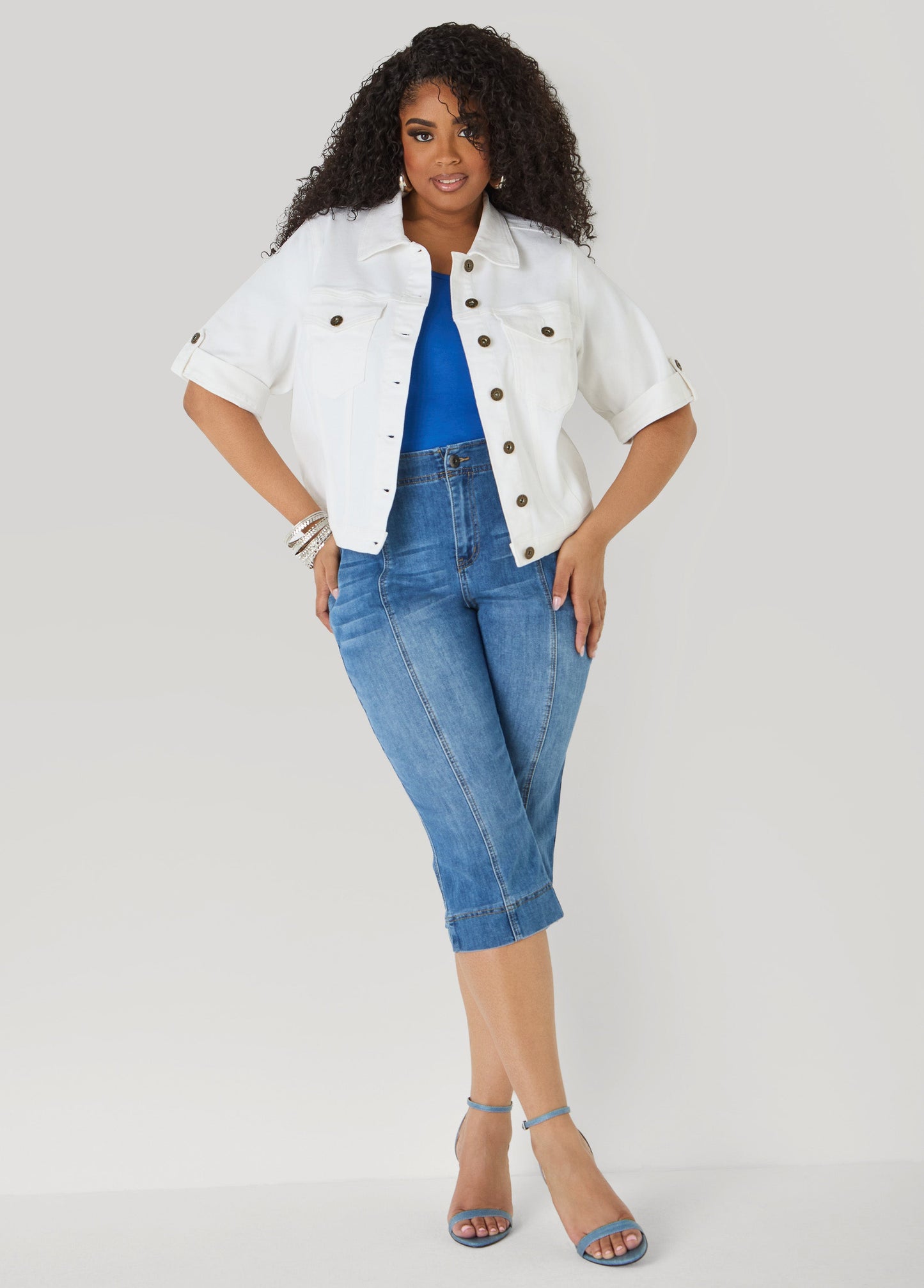 Ashley Stewart Flap Pocket Seamed Denim Capris Medium Blue