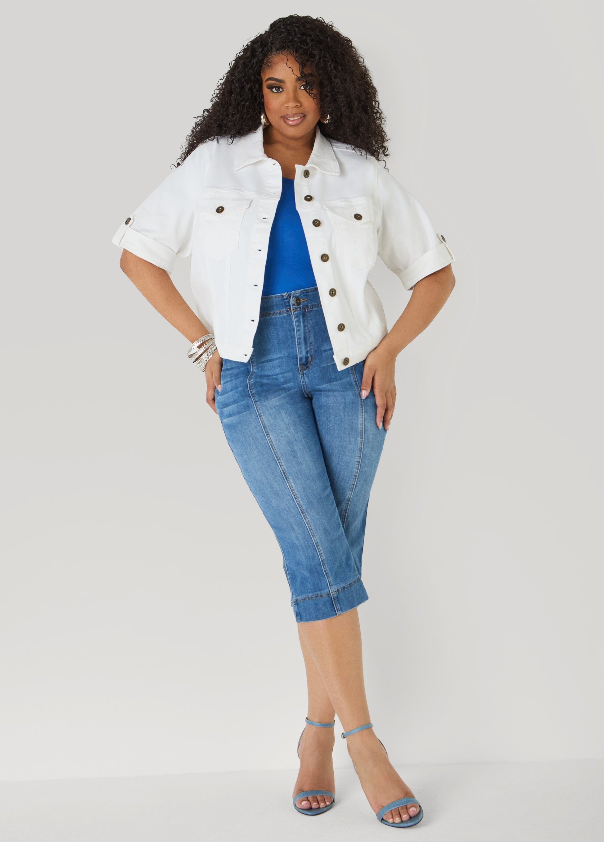 Ashley Stewart Flap Pocket Seamed Denim Capris Medium Blue