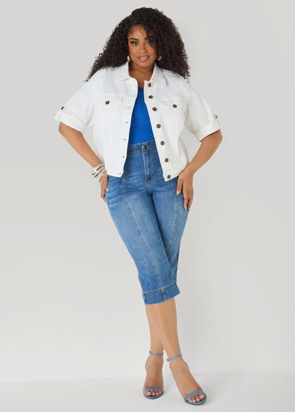 Ashley Stewart Flap Pocket Seamed Denim Capris Medium Blue