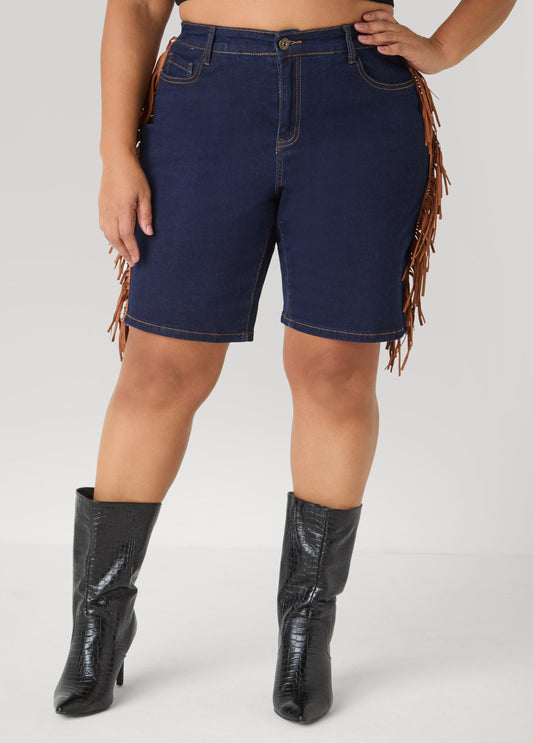 Ashley Stewart Fringed Denim Shorts Dk Wash