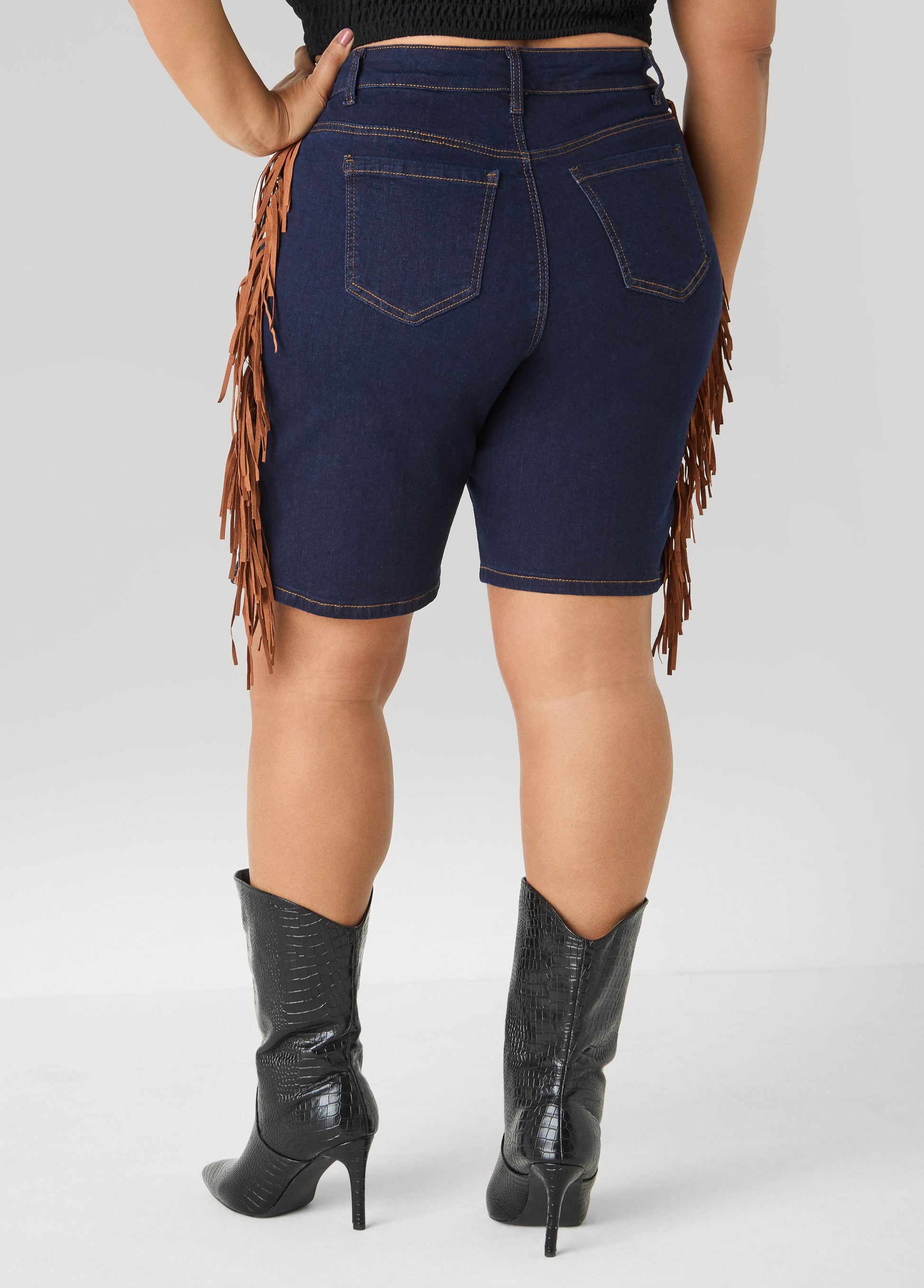 Ashley Stewart Fringed Denim Shorts Dk Wash
